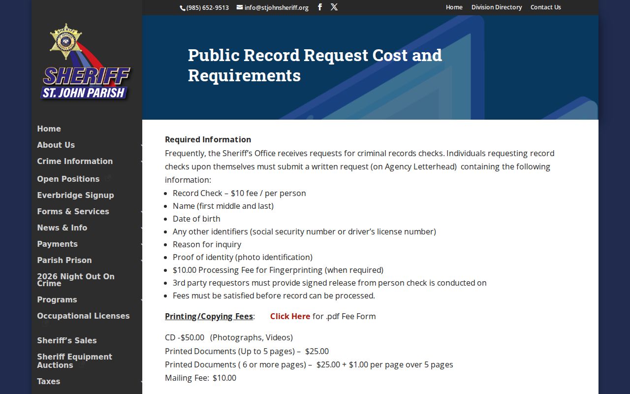 St. John the Baptist Parish warrant records fee schedule published by the Sheriff's Office