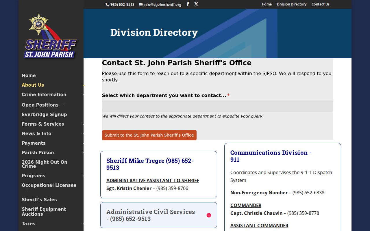 St. John the Baptist Parish Sheriff division directory used for LaPlace warrant records routing