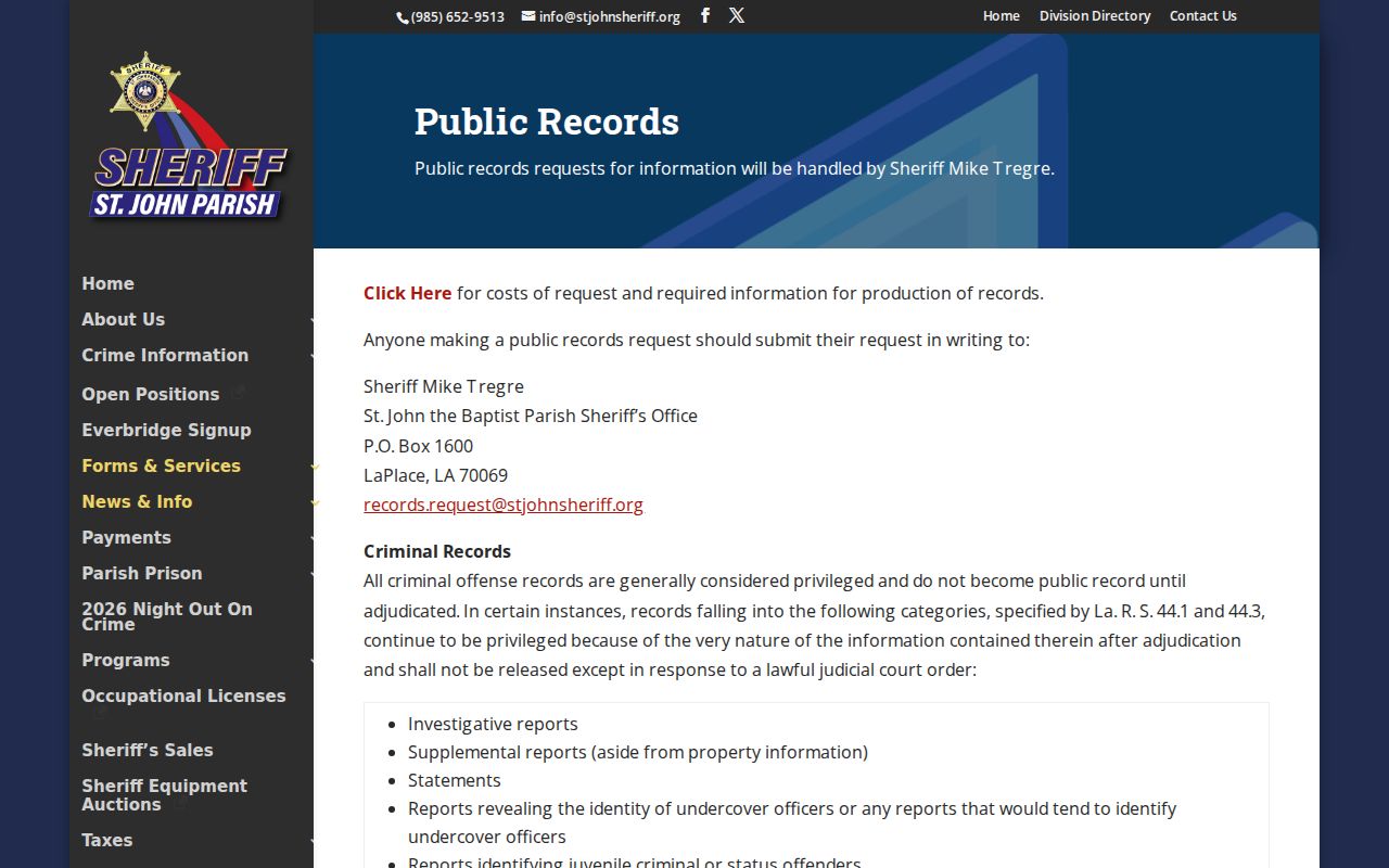 St. John the Baptist Parish warrant records request page on the Sheriff's Office site