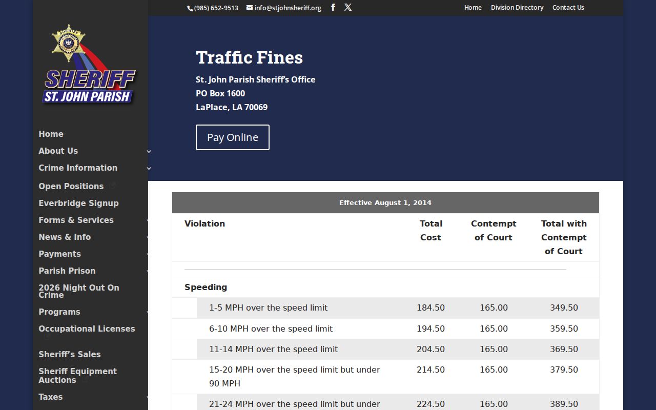 St. John the Baptist Parish traffic warrant cost reference on the Sheriff's dated traffic fines page