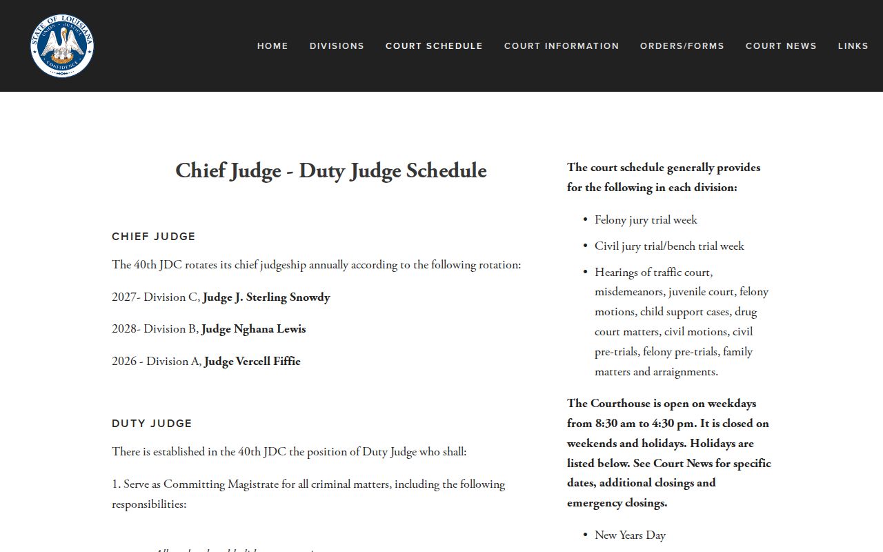 St. John the Baptist Parish bench warrant information on the 40th Judicial District Court schedule page