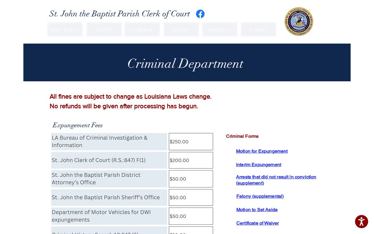 St. John the Baptist Parish arrest warrant record relief forms on the Clerk of Court criminal page