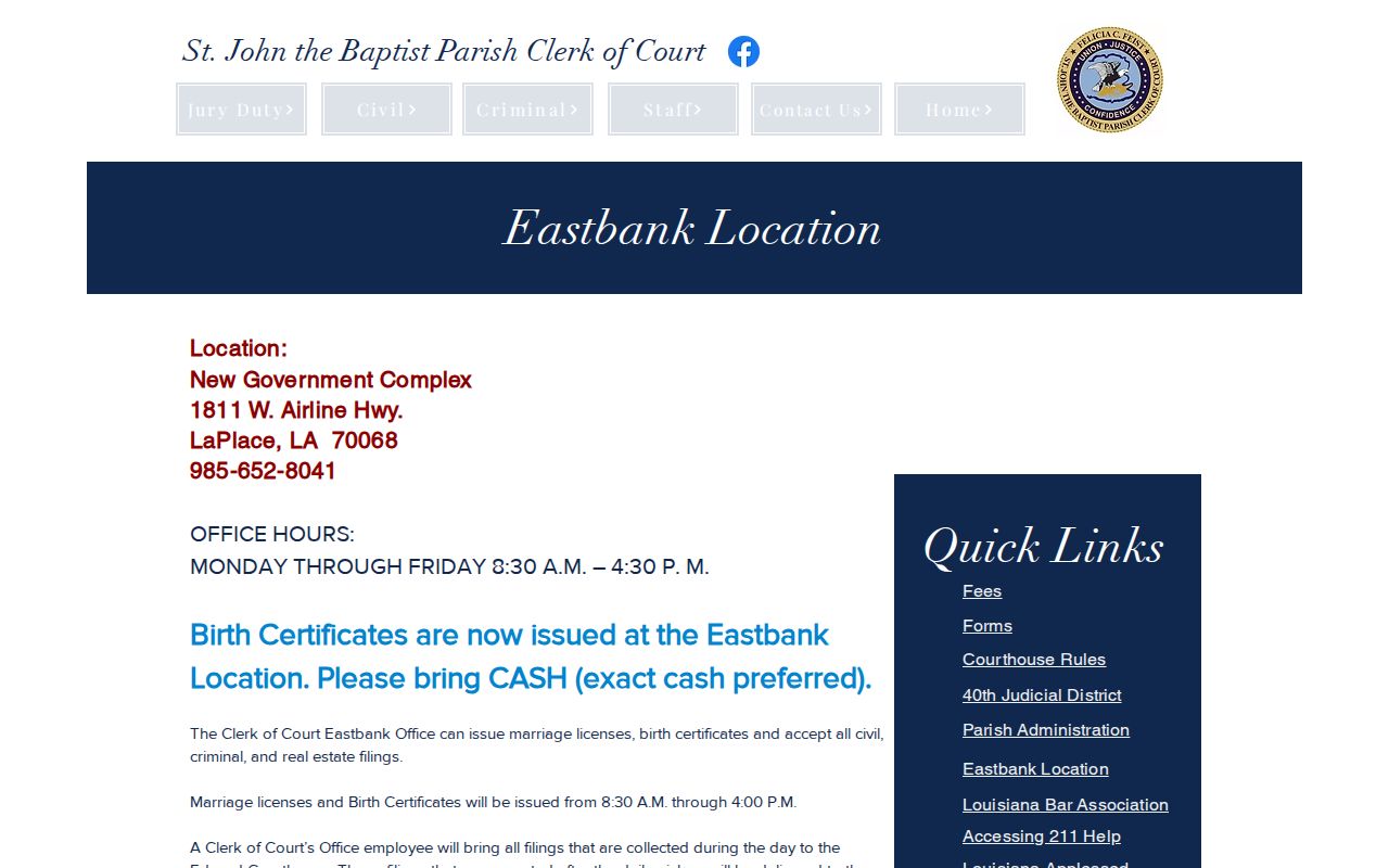 St. John the Baptist Parish Clerk of Court Eastbank filing office used for LaPlace warrant records