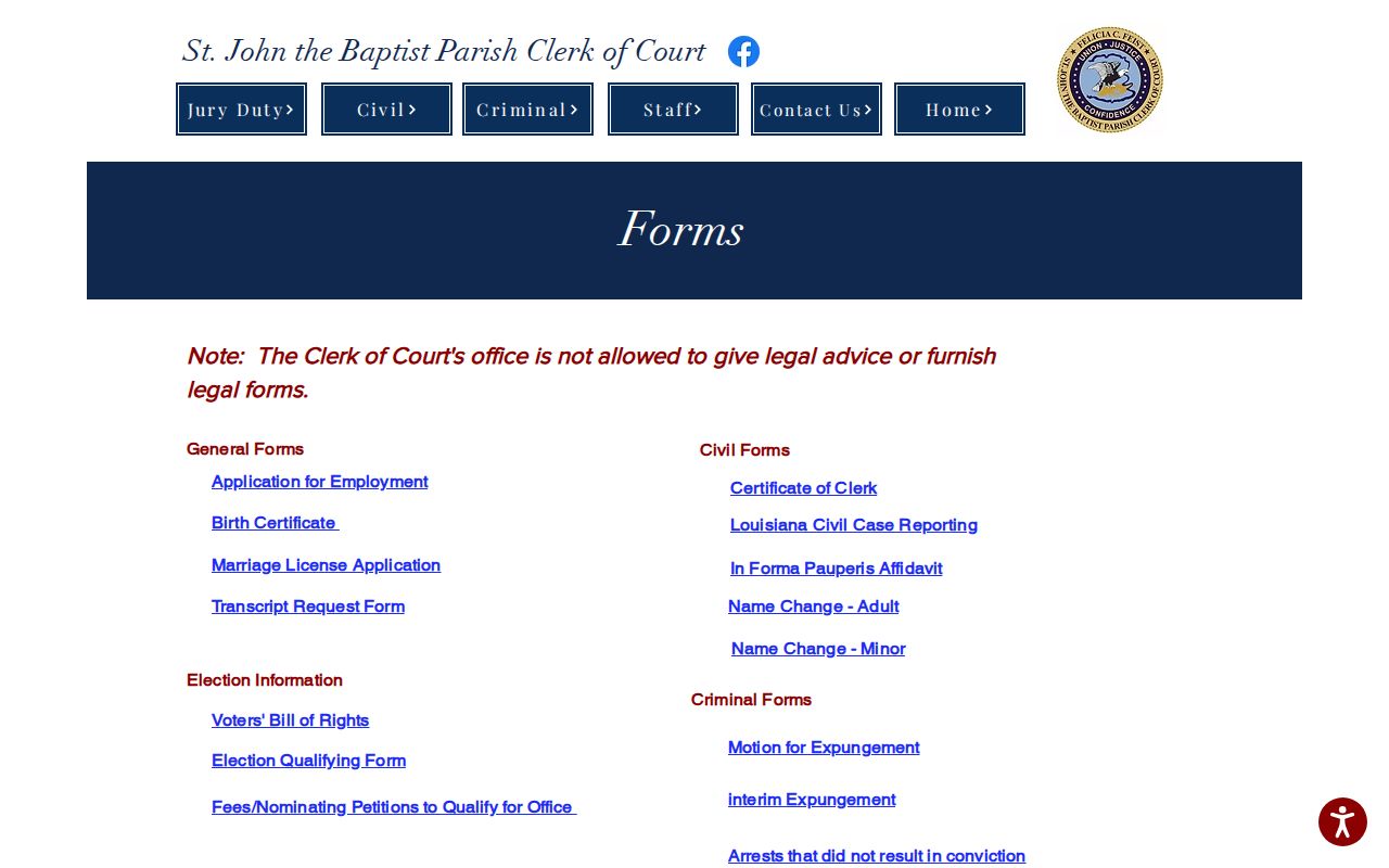 St. John the Baptist Parish Clerk of Court forms page used for Garyville warrant records