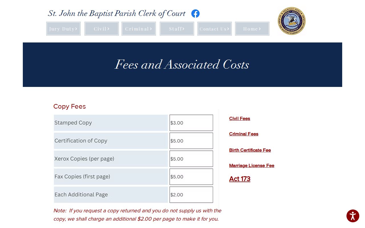 St. John the Baptist Parish Clerk of Court fee page used for Garyville warrant records