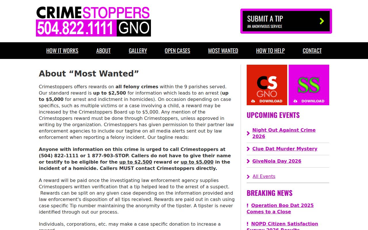 St. John the Baptist Parish most wanted tips through the regional CrimeStoppers program page