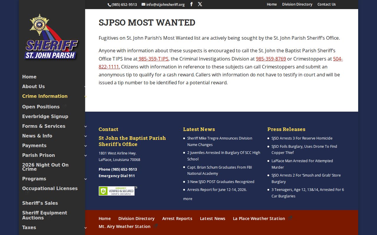 St. John the Baptist Parish most wanted program page published by the Sheriff's Office